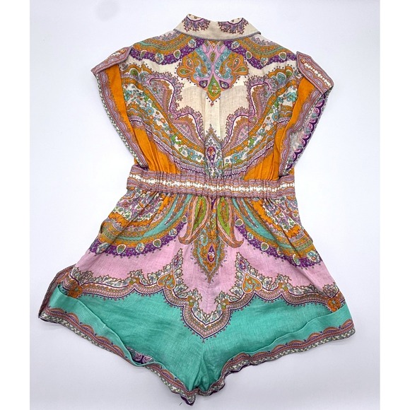 Zimmermann Lola Linen Romper Paisley Button Front Pockets Size 2 NO BELT Resort - Picture 9 of 14